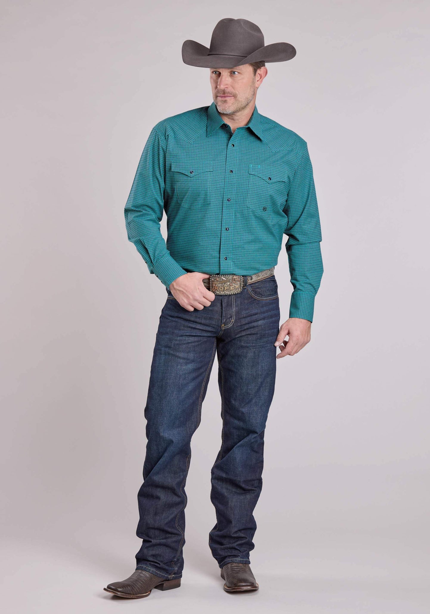 Roper Mens Long Sleeve Snap Stretch Mini Check - Turquoise Western Shirt - Roper - Flyclothing LLC