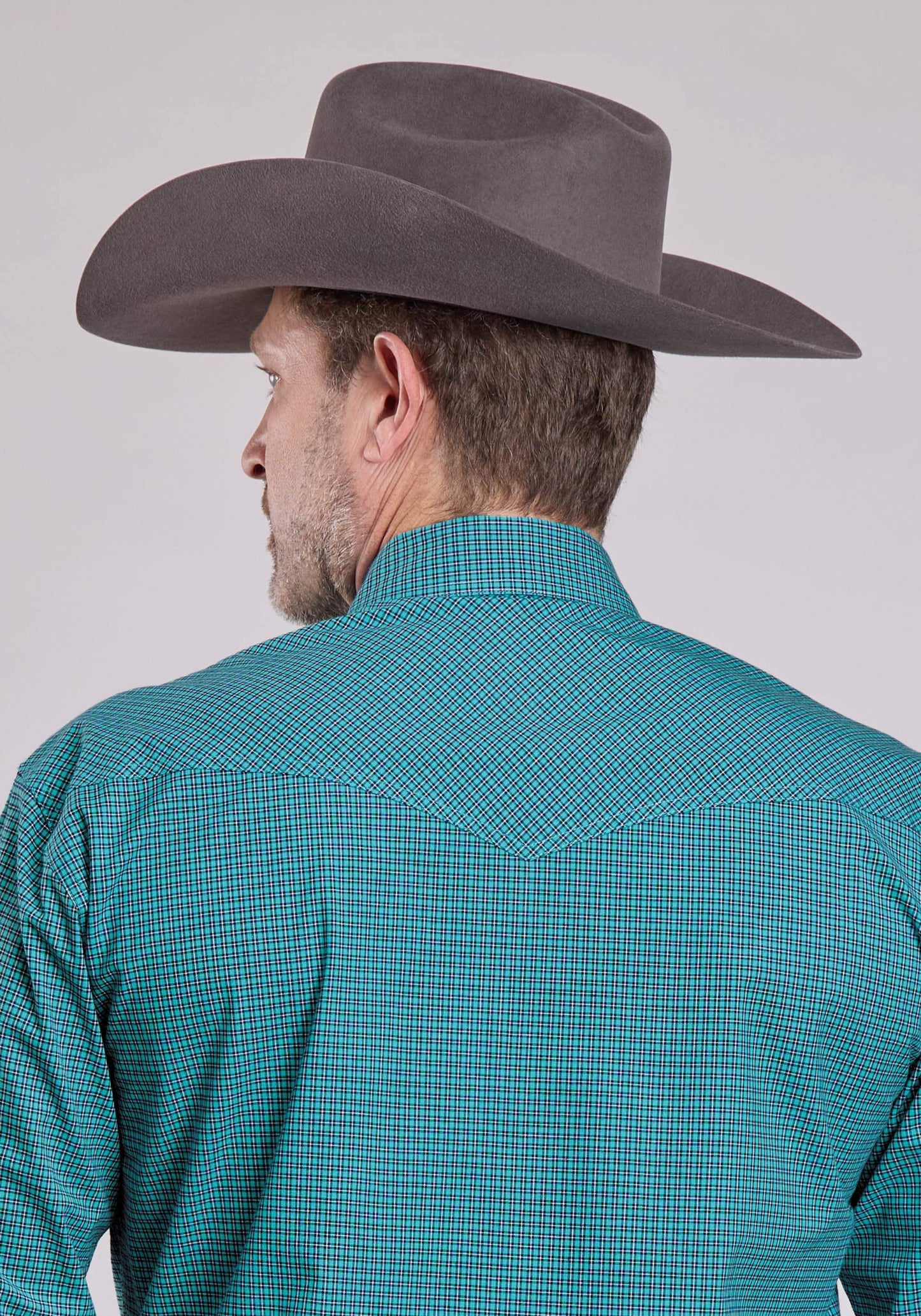 Roper Mens Long Sleeve Snap Stretch Mini Check - Turquoise Western Shirt - Roper - Flyclothing LLC