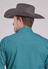 Roper Mens Long Sleeve Snap Stretch Mini Check - Turquoise Western Shirt - Roper - Flyclothing LLC