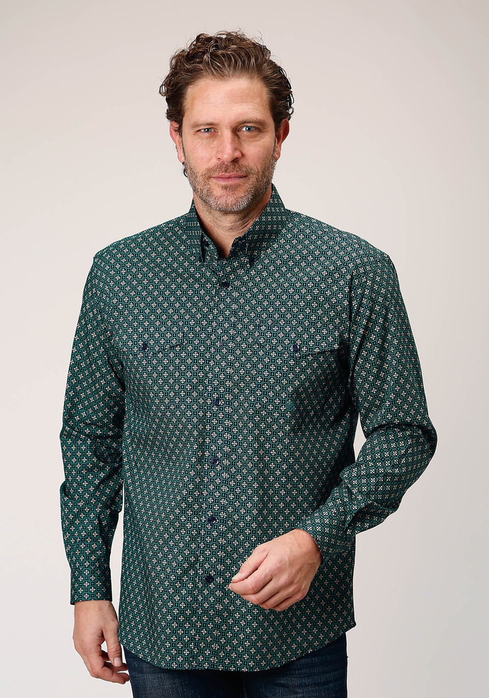 Roper Mens Long Sleeve Button Croshort Sleeve Walk Foulard Western Shirt - Roper