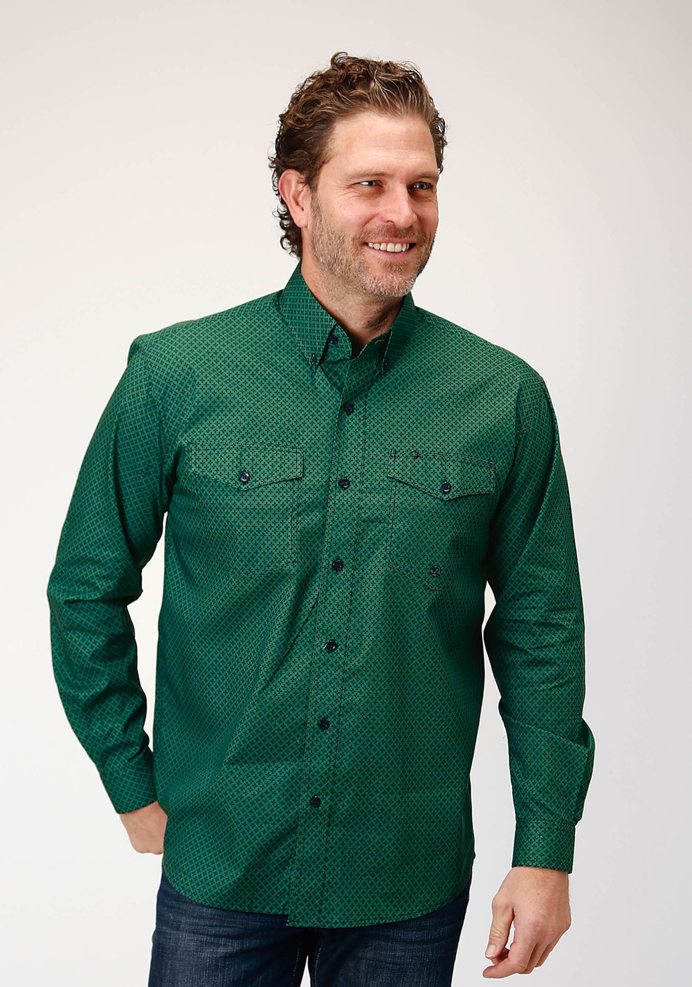 Roper Mens Long Sleeve Button Four Leaf Foulard Western Shirt - Roper