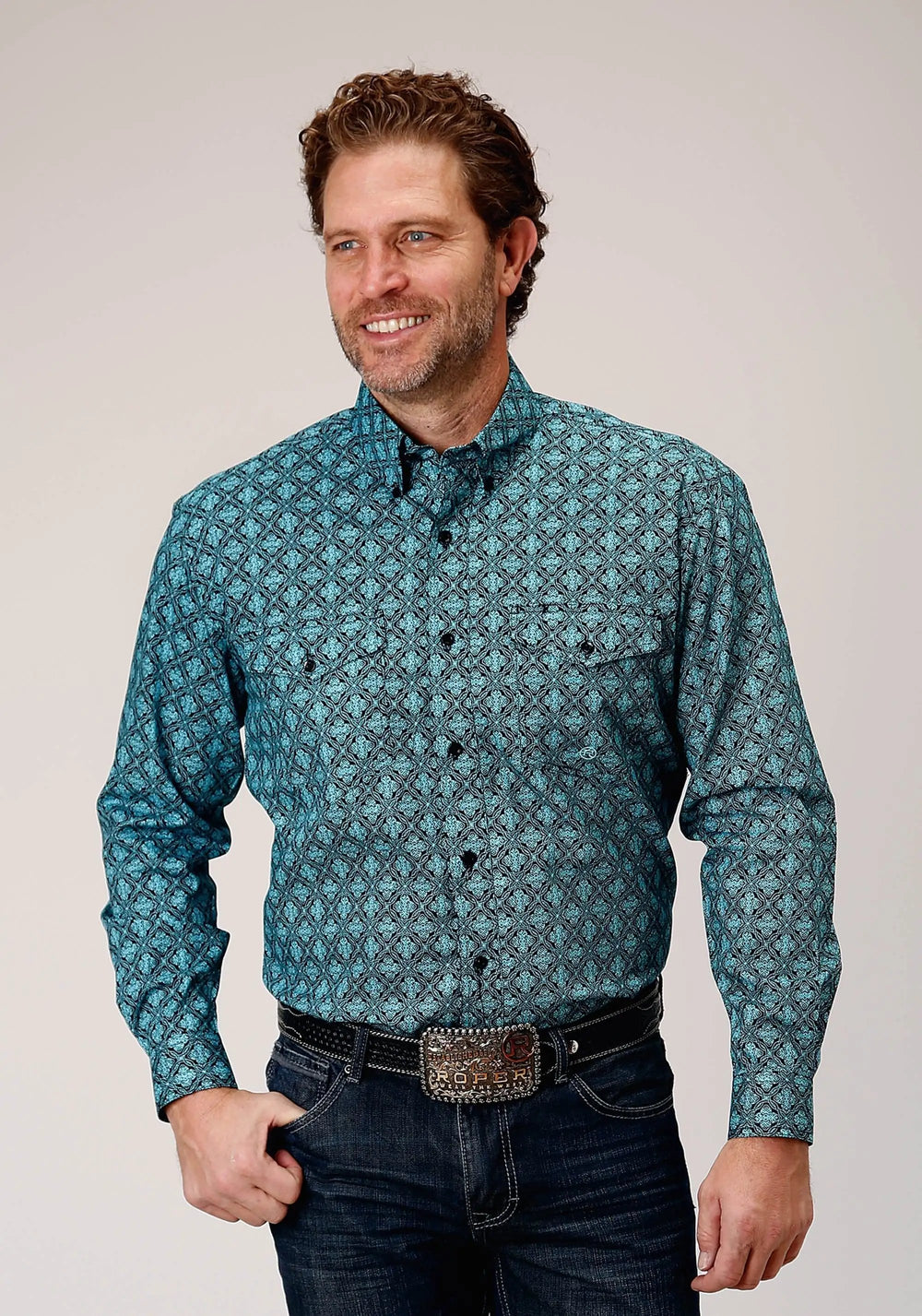 Roper Mens Long Sleeve Button Lattice Medallion Print Western Shirt - Roper