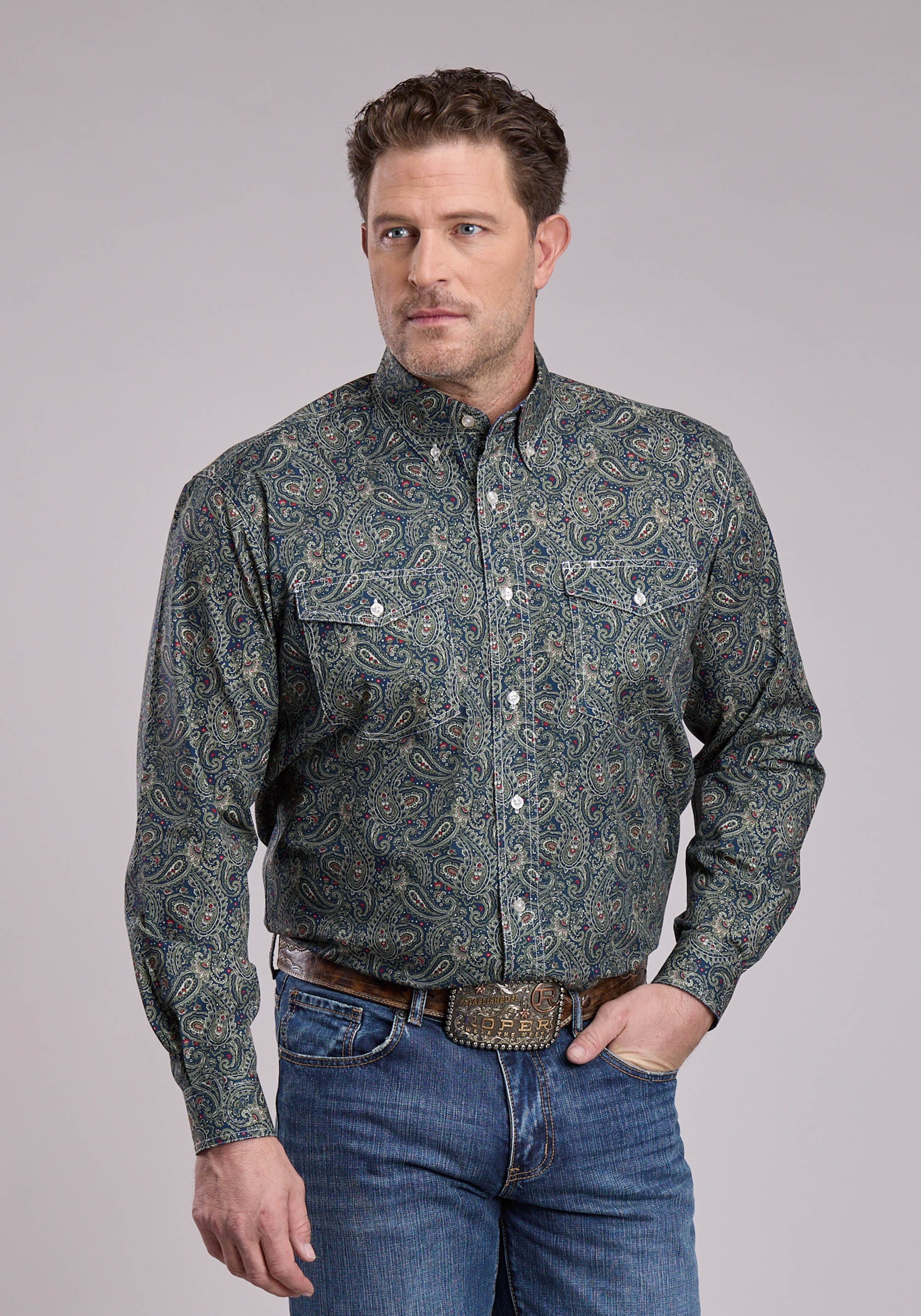 Roper Mens Long Sleeve Button Forest Paisley Western Shirt