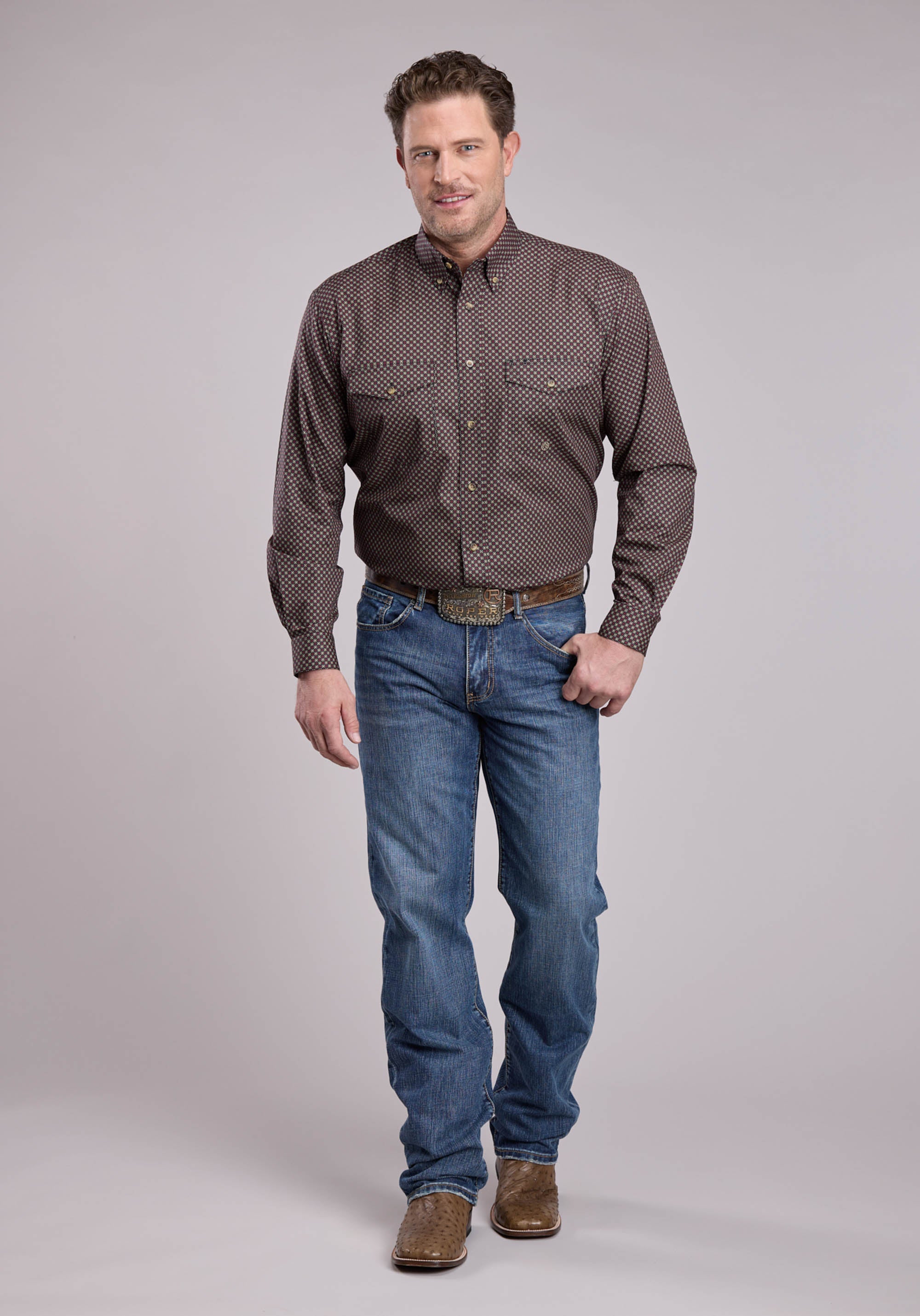 Roper Mens Long Sleeve Button Red Star Geo Western Shirt