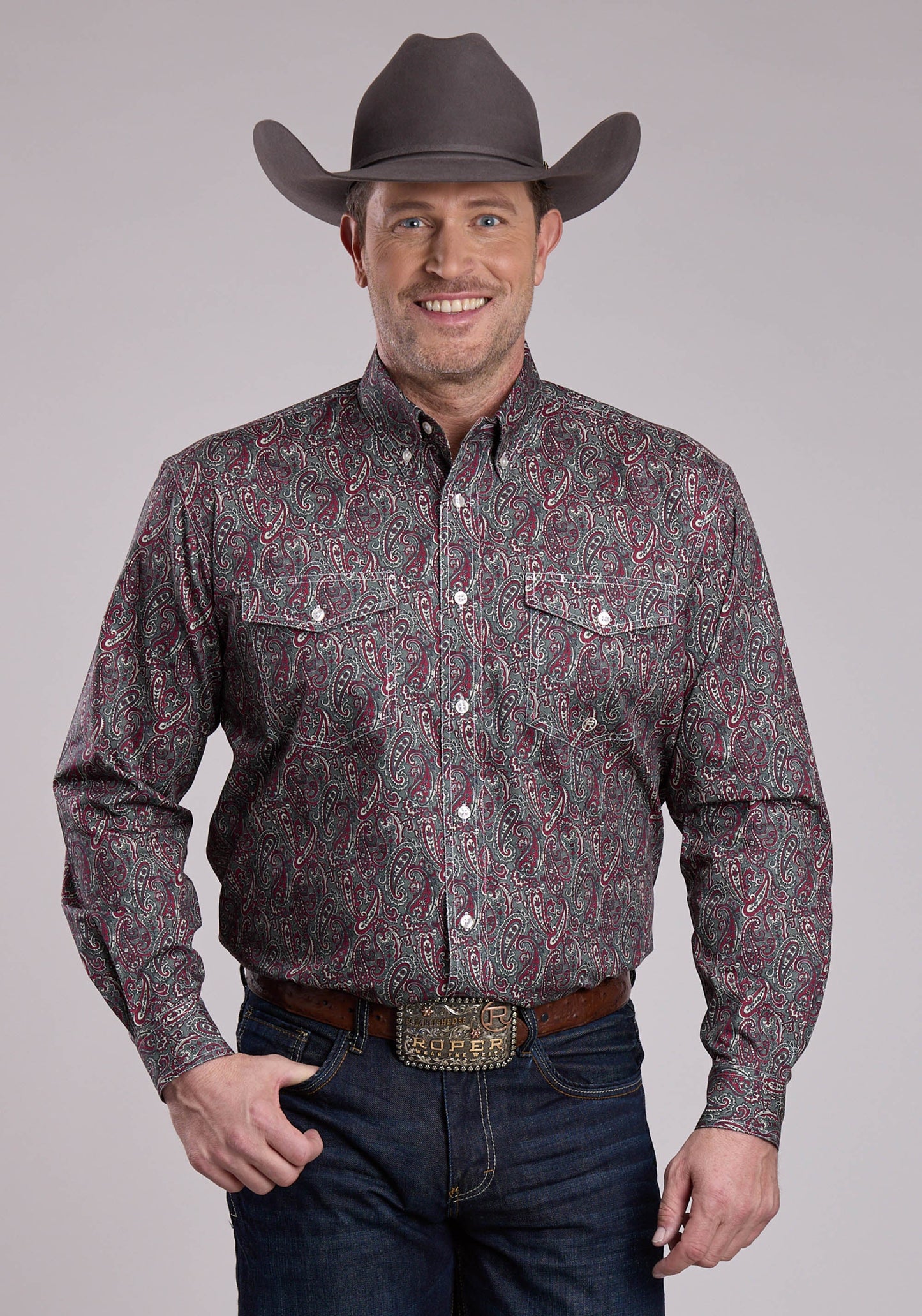 Roper Mens Long Sleeve Button Iron Paisley Western Shirt