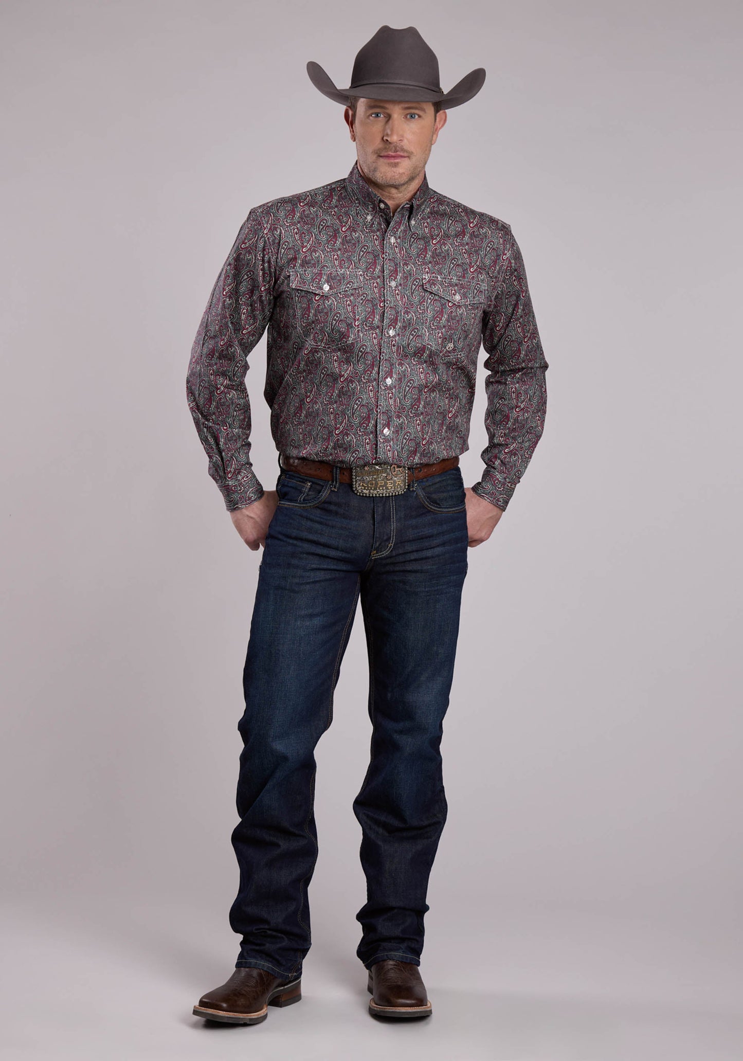 Roper Mens Long Sleeve Button Iron Paisley Western Shirt
