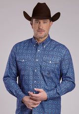 Roper Mens Long Sleeve Button Vintage Blue Medallion Paisley Western S