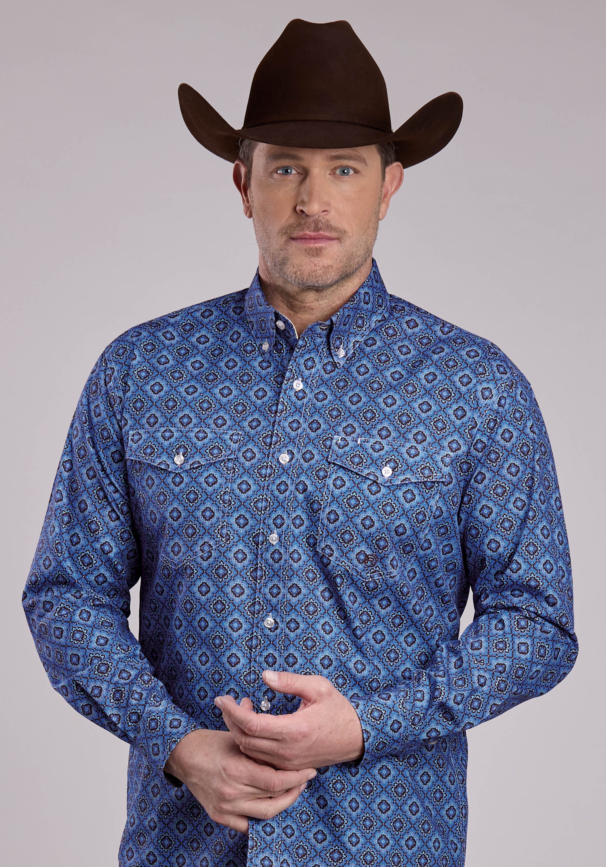 Roper Mens Long Sleeve Button Vintage Blue Medallion Paisley Western S