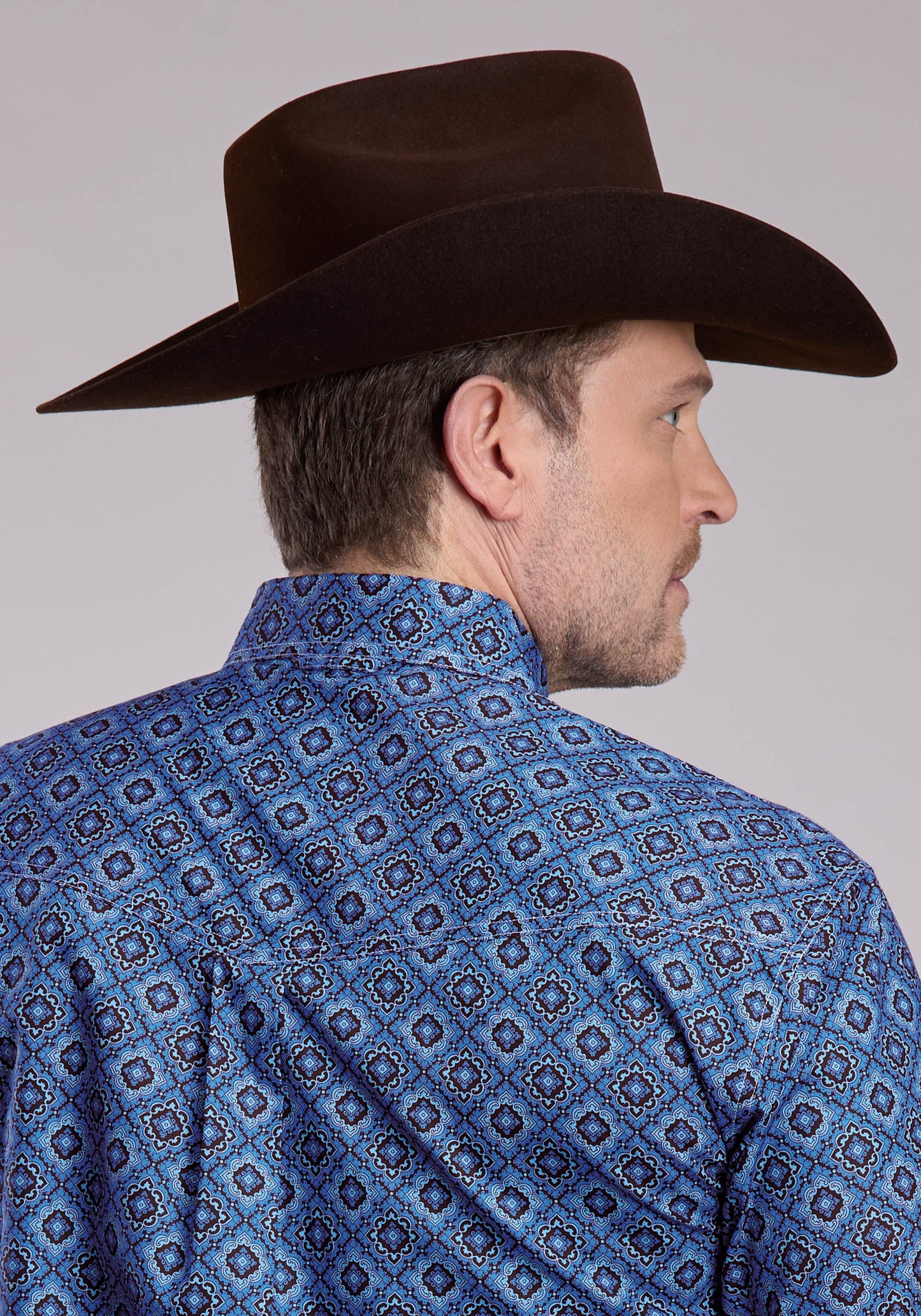 Roper Mens Long Sleeve Button Vintage Blue Medallion Paisley Western Shirt