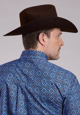 Roper Mens Long Sleeve Button Vintage Blue Medallion Paisley Western Shirt