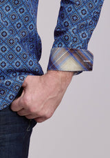 Roper Mens Long Sleeve Button Vintage Blue Medallion Paisley Western Shirt