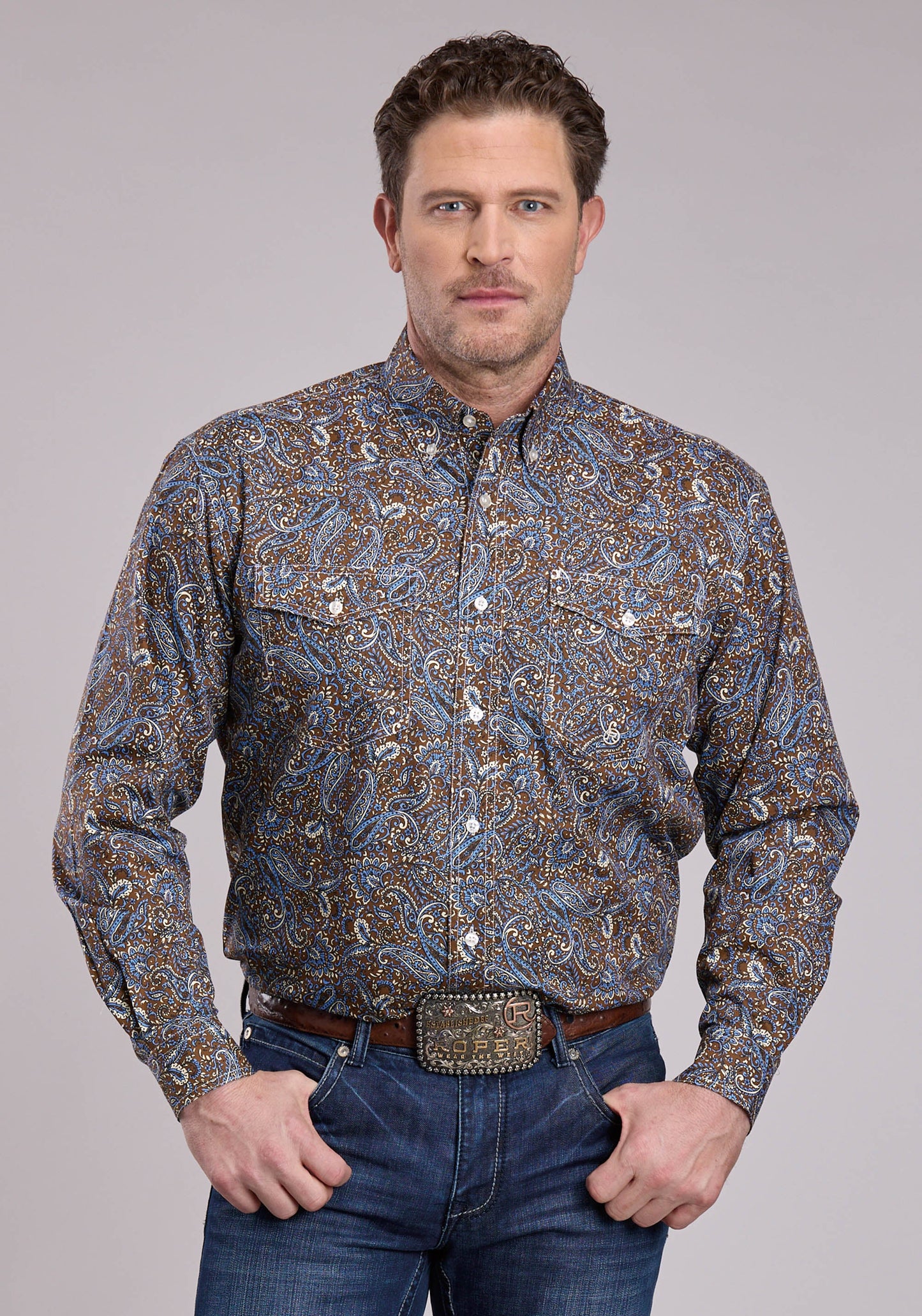 Roper Mens Long Sleeve Button Bluebird Paisley Western Shirt