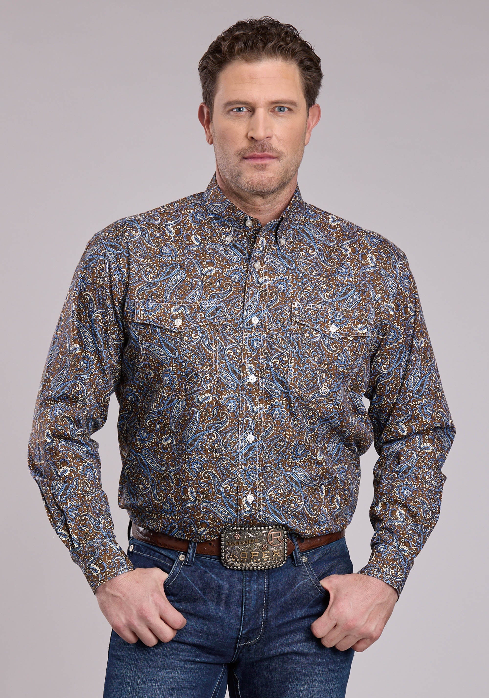 Roper Mens Long Sleeve Button Bluebird Paisley Western Shirt