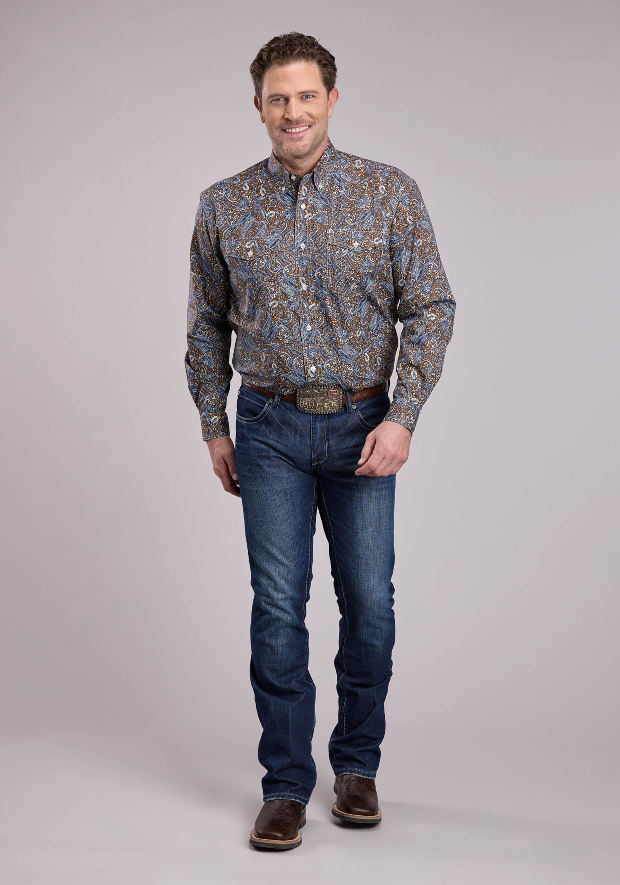 Roper Mens Long Sleeve Button Bluebird Paisley Western Shirt