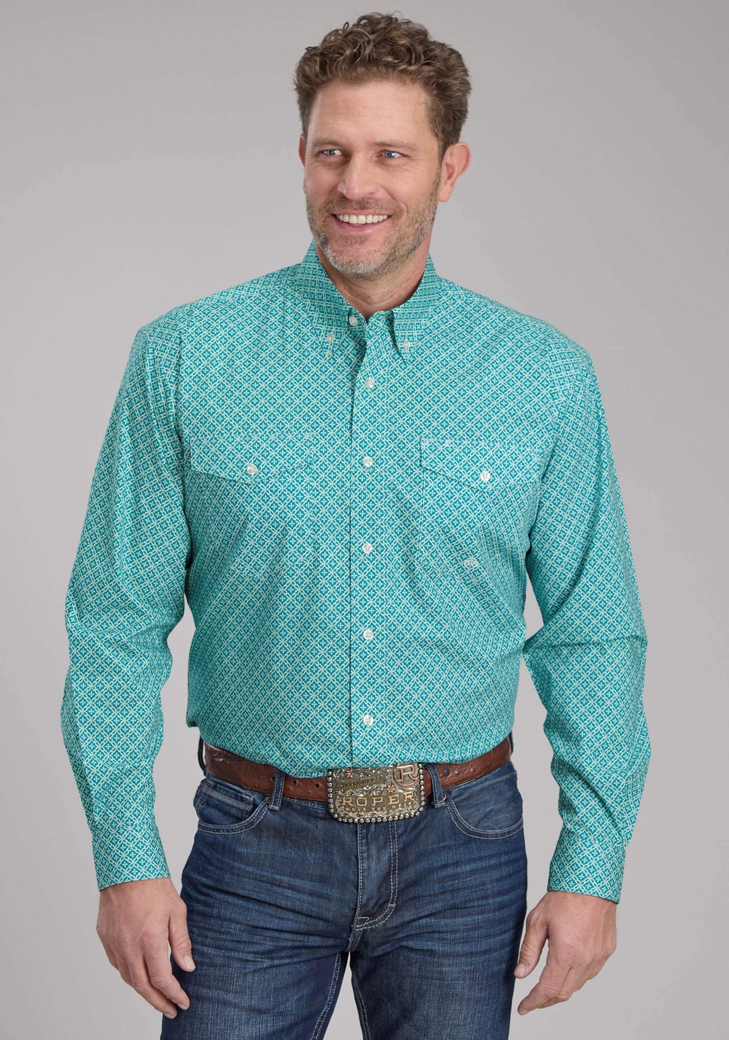 Roper Mens Stretch Four Point Foulard - Turq Long Sleeve Button Western Shirt - Roper - Flyclothing LLC