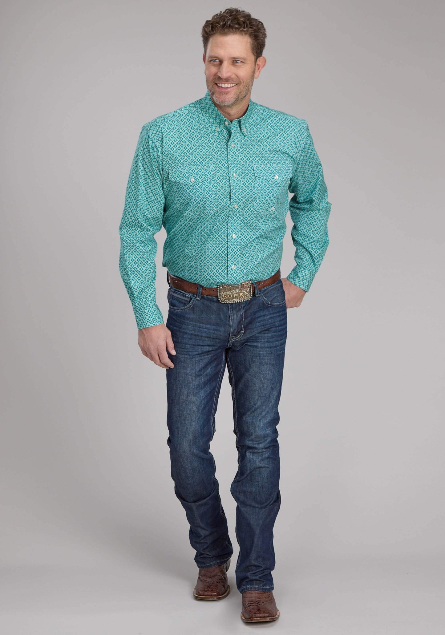 Roper Mens Stretch Four Point Foulard - Turq Long Sleeve Button Western Shirt - Roper - Flyclothing LLC
