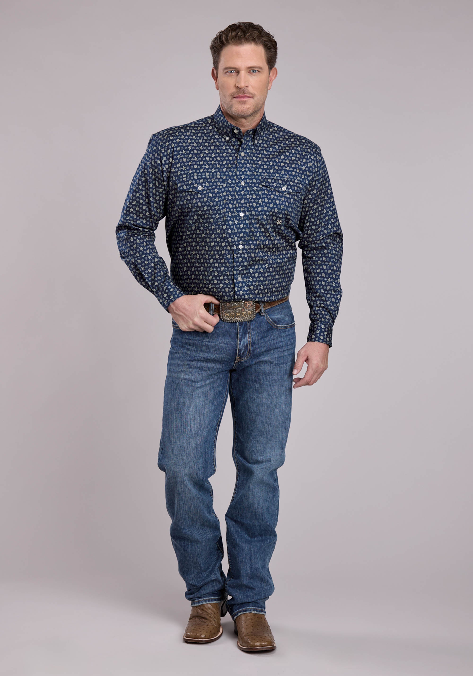 Roper Mens Long Sleeve Button Stretch Poplin Paisley - Navy Western Shirt