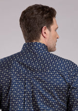 Roper Mens Long Sleeve Button Stretch Poplin Paisley - Navy Western Shirt