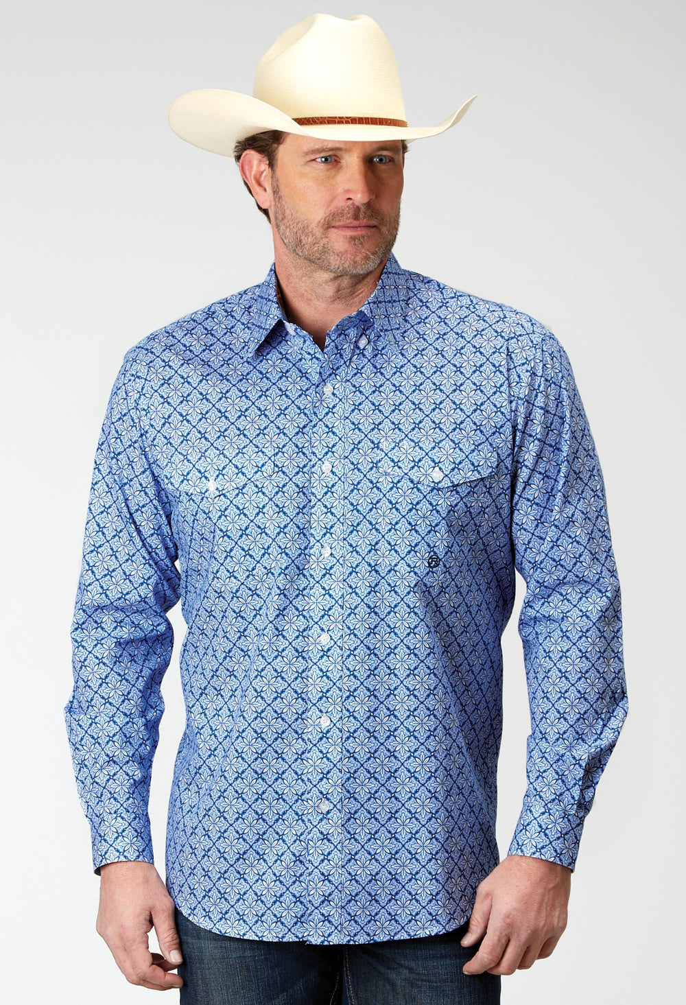 Roper Mens Long Sleeve Button Blue Skies Tie Print Western Shirt - Roper