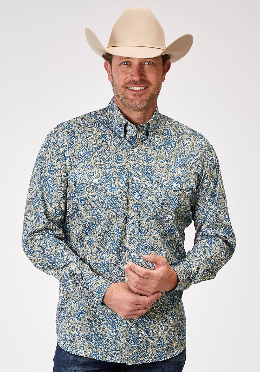 Roper Mens Long Sleeve Button Delft Paisley Western Shirt - Roper