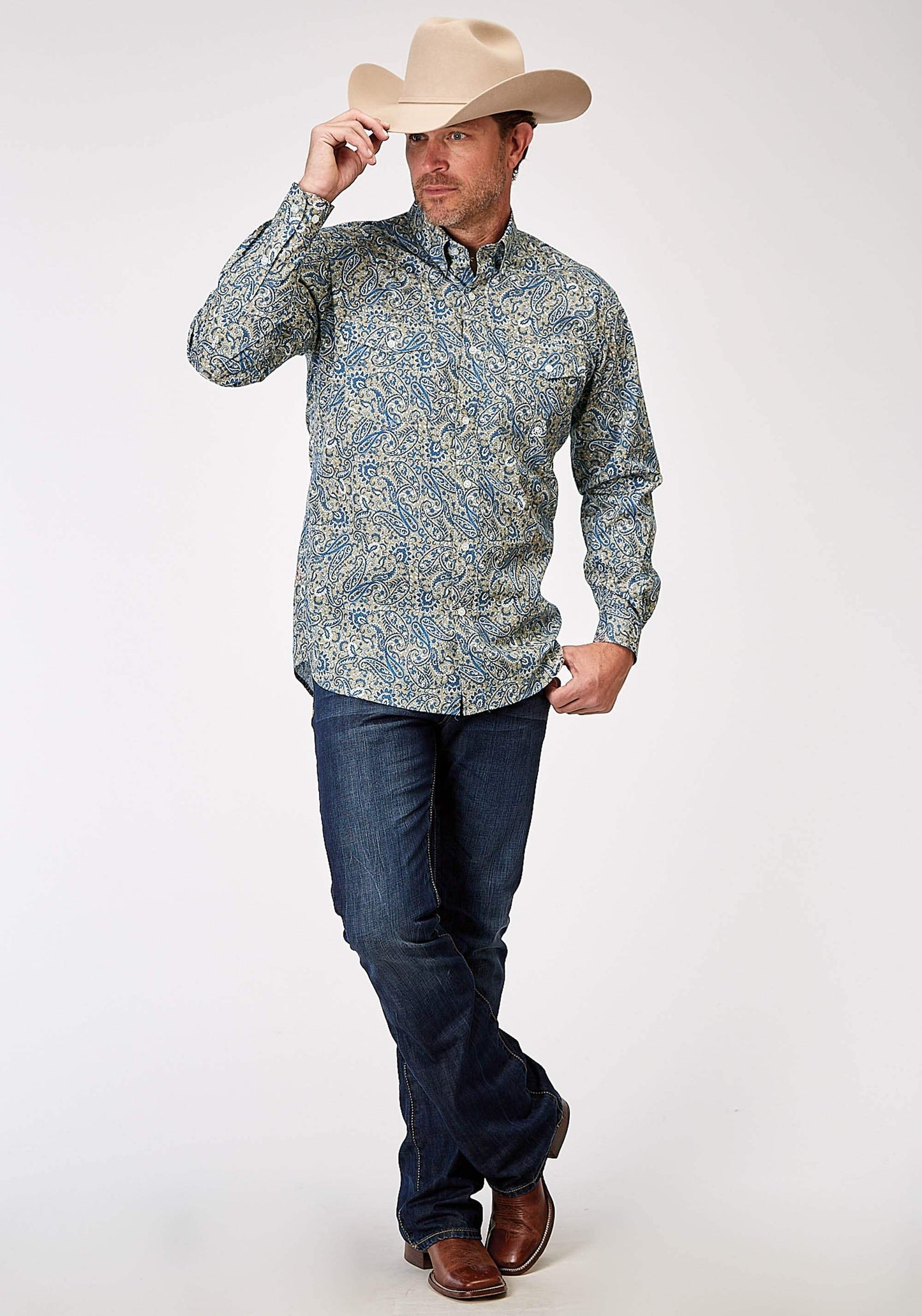 Roper Mens Long Sleeve Button Delft Paisley Western Shirt - Roper - Flyclothing LLC