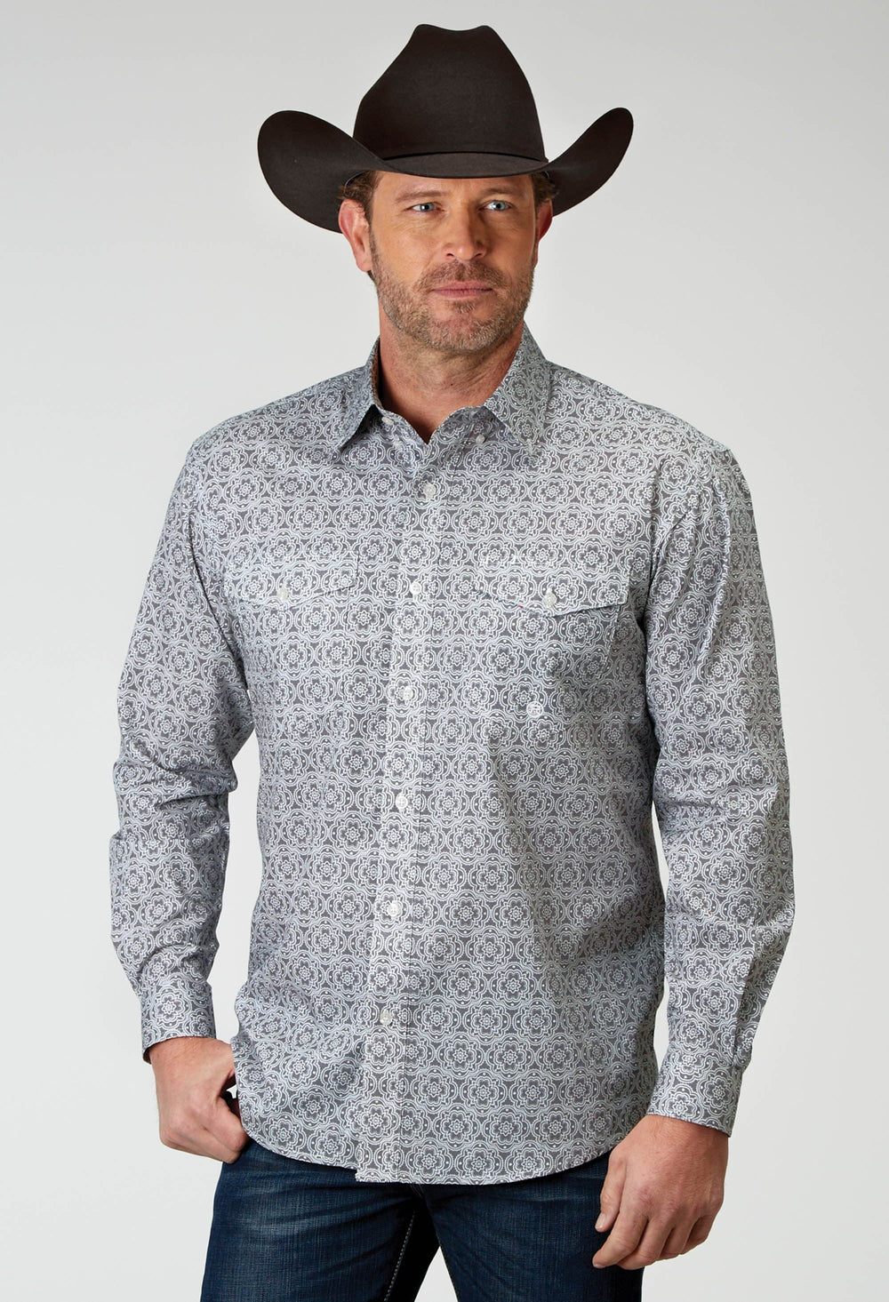 Roper Mens Long Sleeve Button Silver Medallion Western Shirt - Roper