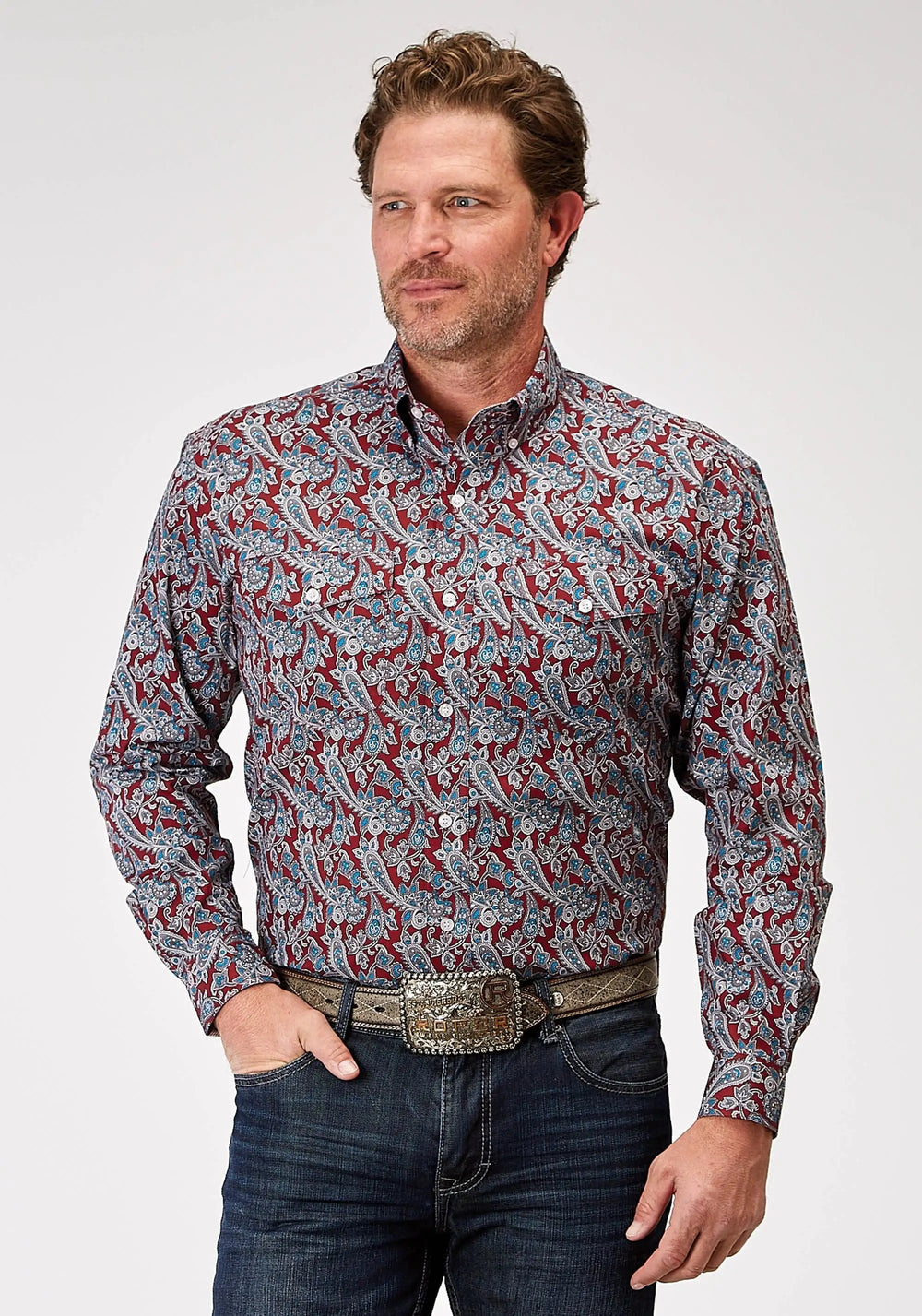 Roper Mens Long Sleeve Button Red River Paisley Western Shirt - Roper