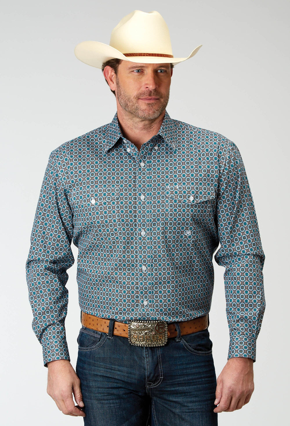Roper Mens Long Sleeve Button Frontier Foulard Western Shirt - Roper
