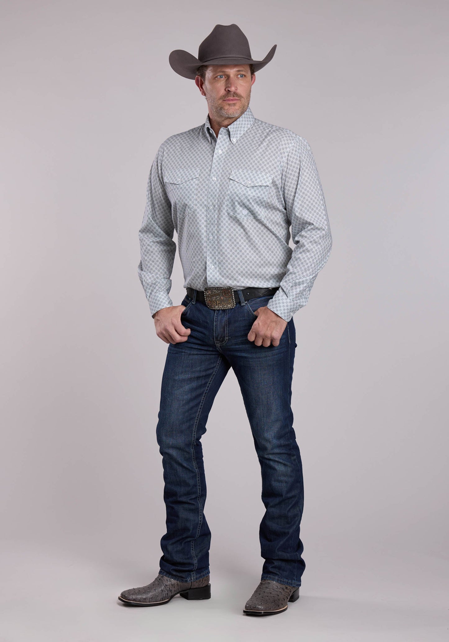 Mens Roper Grey Stretch Four Point Foulard Long Sleeve Button Shirt