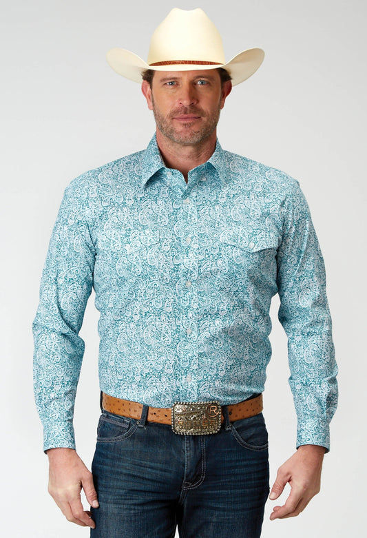 Roper Mens Long Sleeve Button Stretch Poplin Teal Paisley Western Shirt - Roper