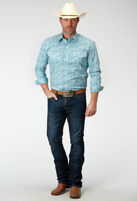 Roper Mens Long Sleeve Button Stretch Poplin Teal Paisley Western Shirt - Roper