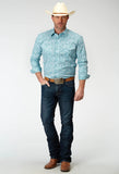 Roper Mens Long Sleeve Button Stretch Poplin Teal Paisley Western Shirt - Roper