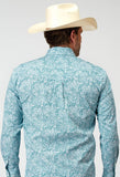 Roper Mens Long Sleeve Button Stretch Poplin Teal Paisley Western Shirt - Roper