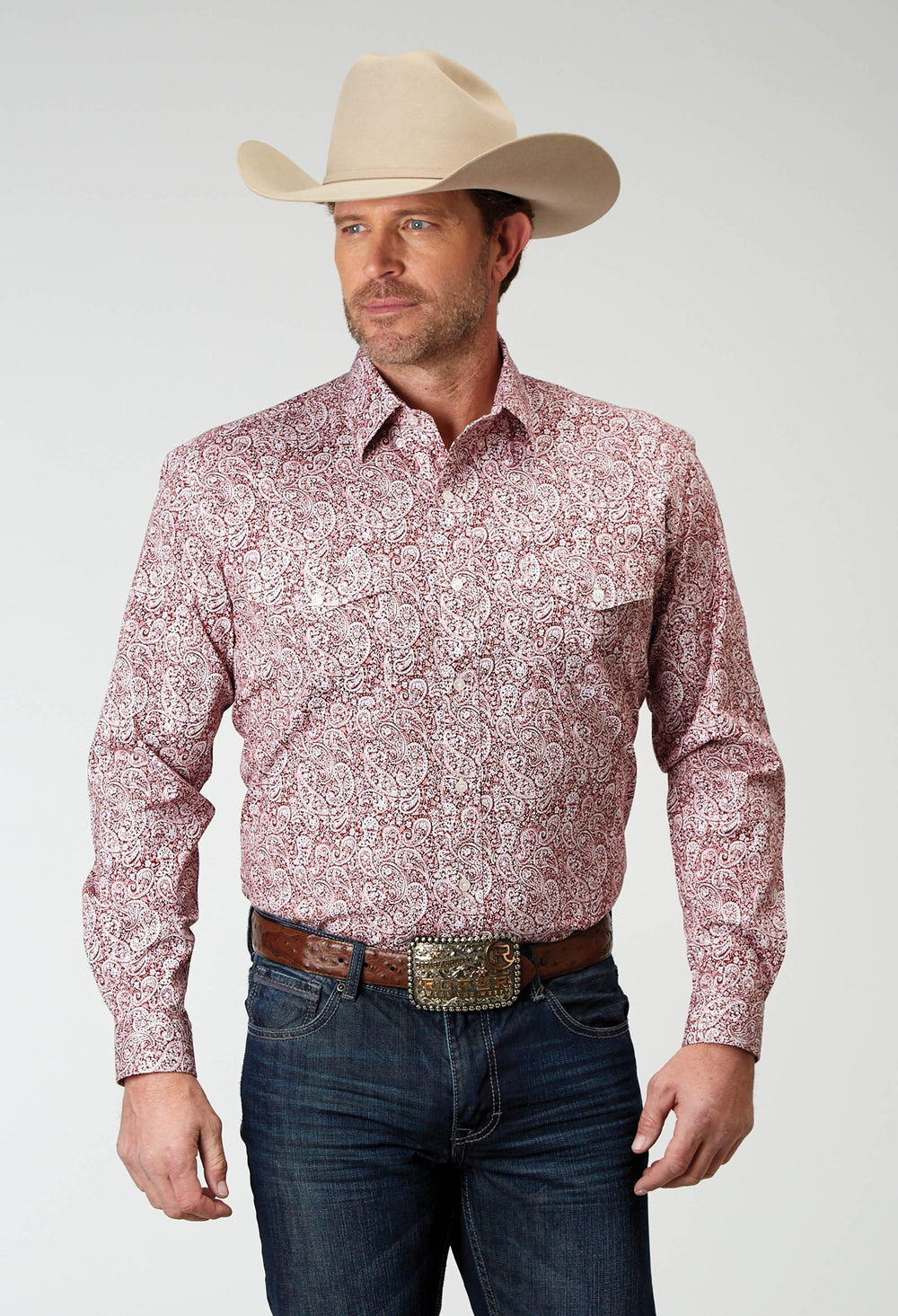 Roper Mens Long Sleeve Button Stretch Poplin Red Paisley Western Shirt - Roper