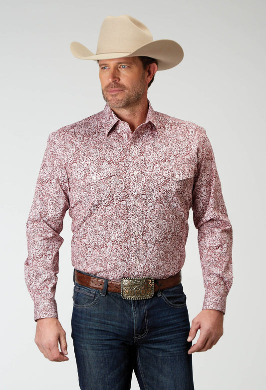 Roper Mens Long Sleeve Button Stretch Poplin Red Paisley Western Shirt - Roper