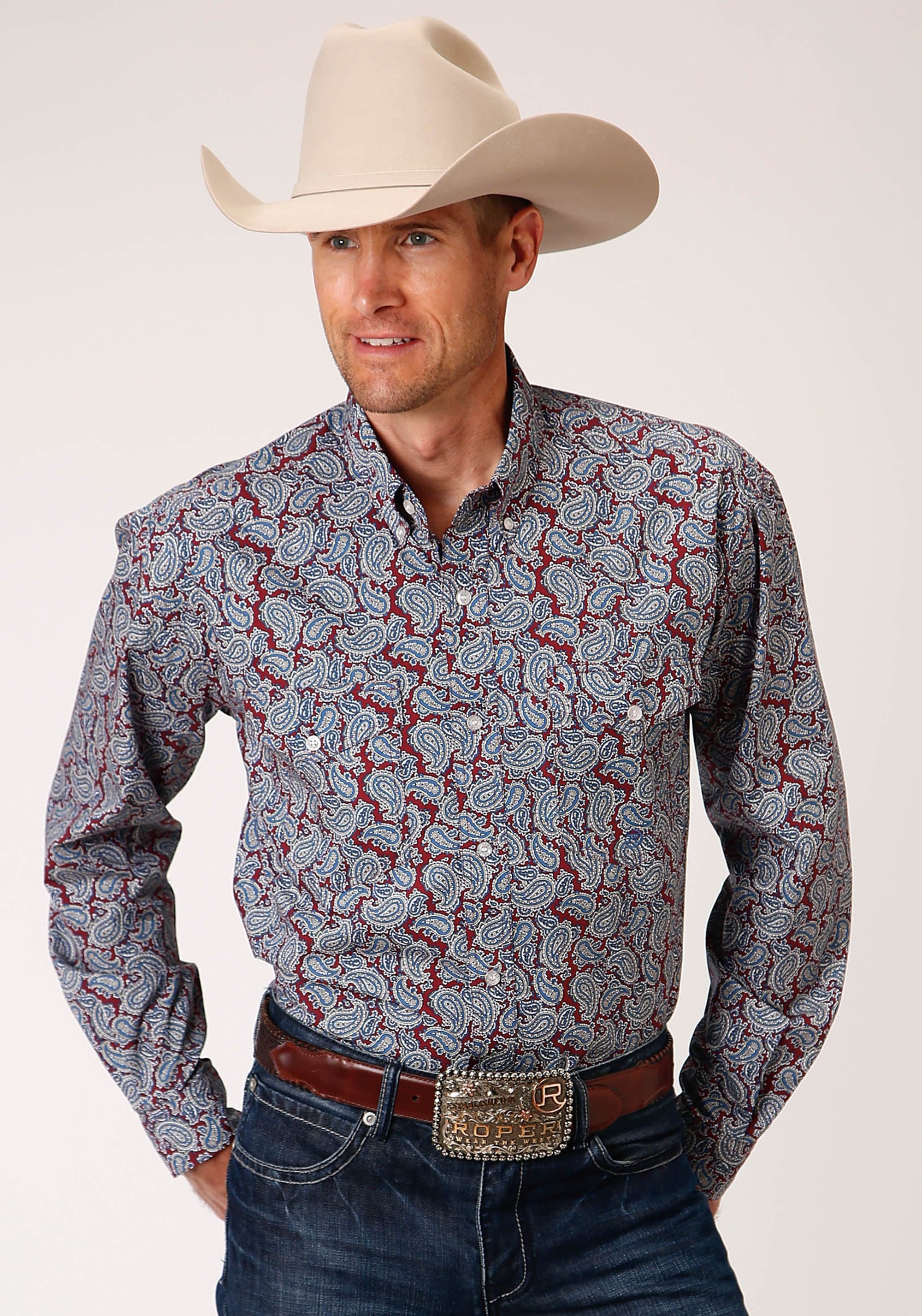 Roper Mens Long Sleeve Button Liberty Paisley Western Shirt - Roper