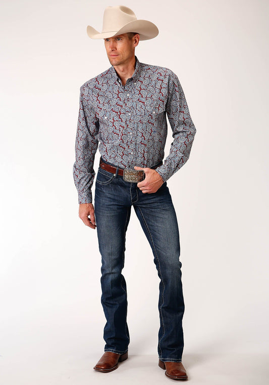 Roper Mens Long Sleeve Button Liberty Paisley Western Shirt - Roper