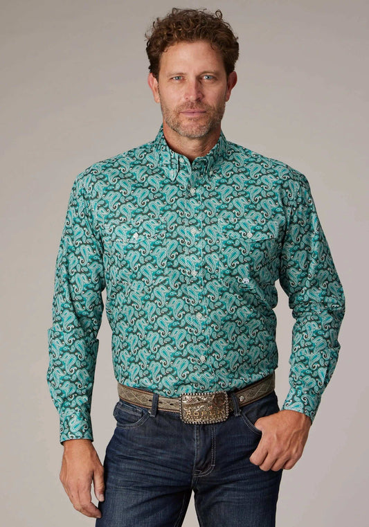 Roper Mens Long Sleeve Button Jade Paisley Western Shirt - Roper - Flyclothing LLC