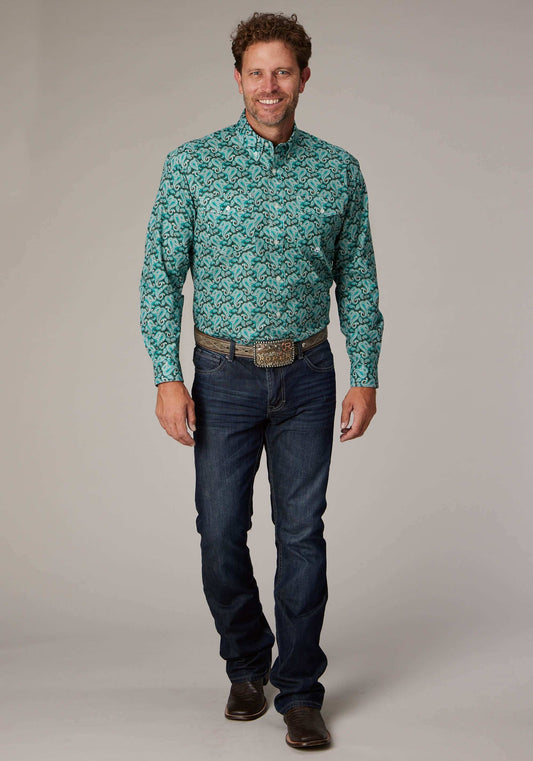 Roper Mens Long Sleeve Button Jade Paisley Western Shirt - Roper - Flyclothing LLC