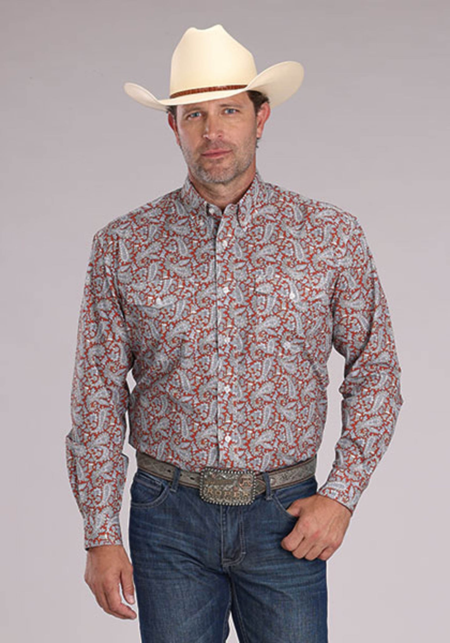 Roper Mens Long Sleeve Button Clay Paisley Western Shirt