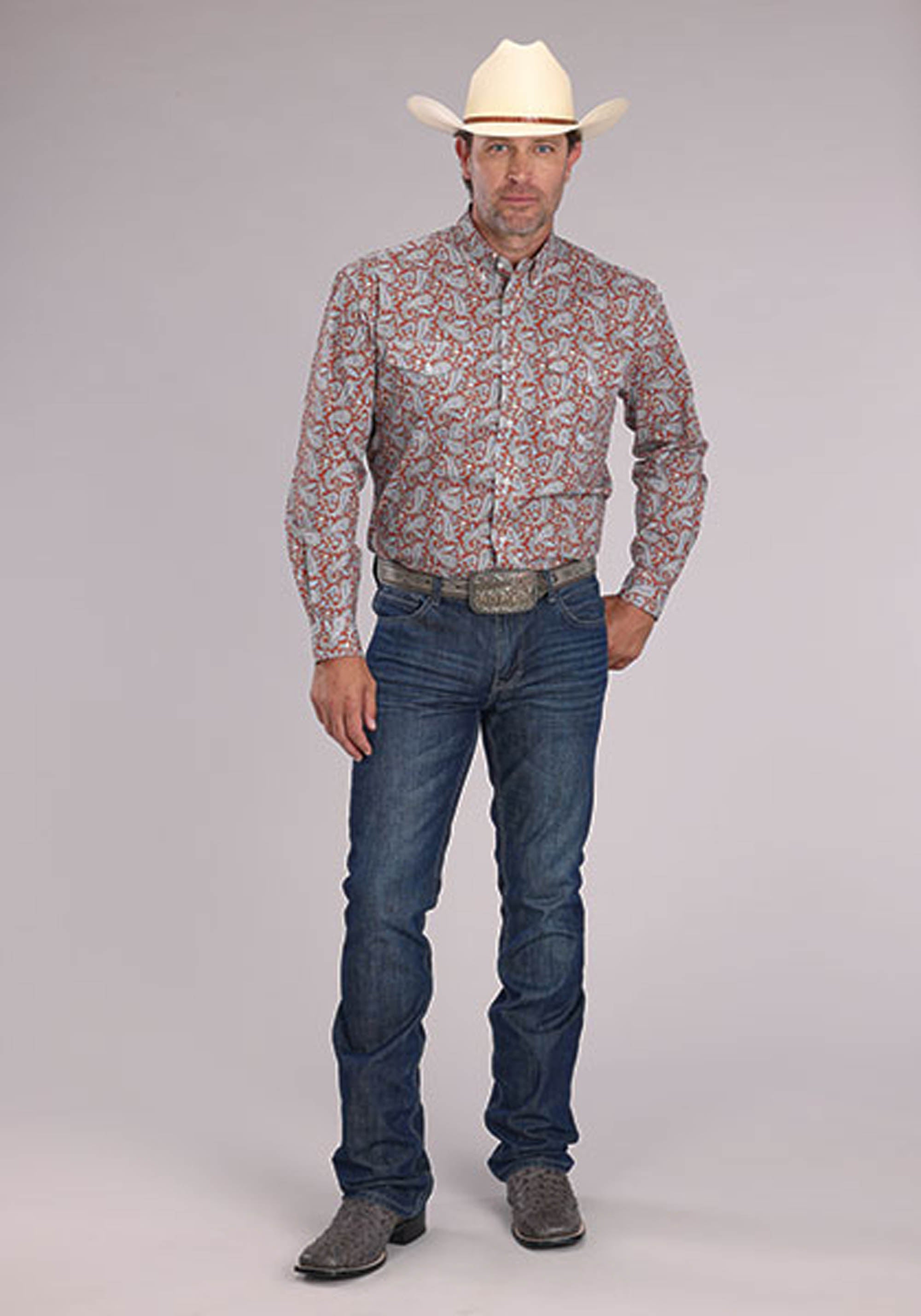 Roper Mens Long Sleeve Button Clay Paisley Western Shirt