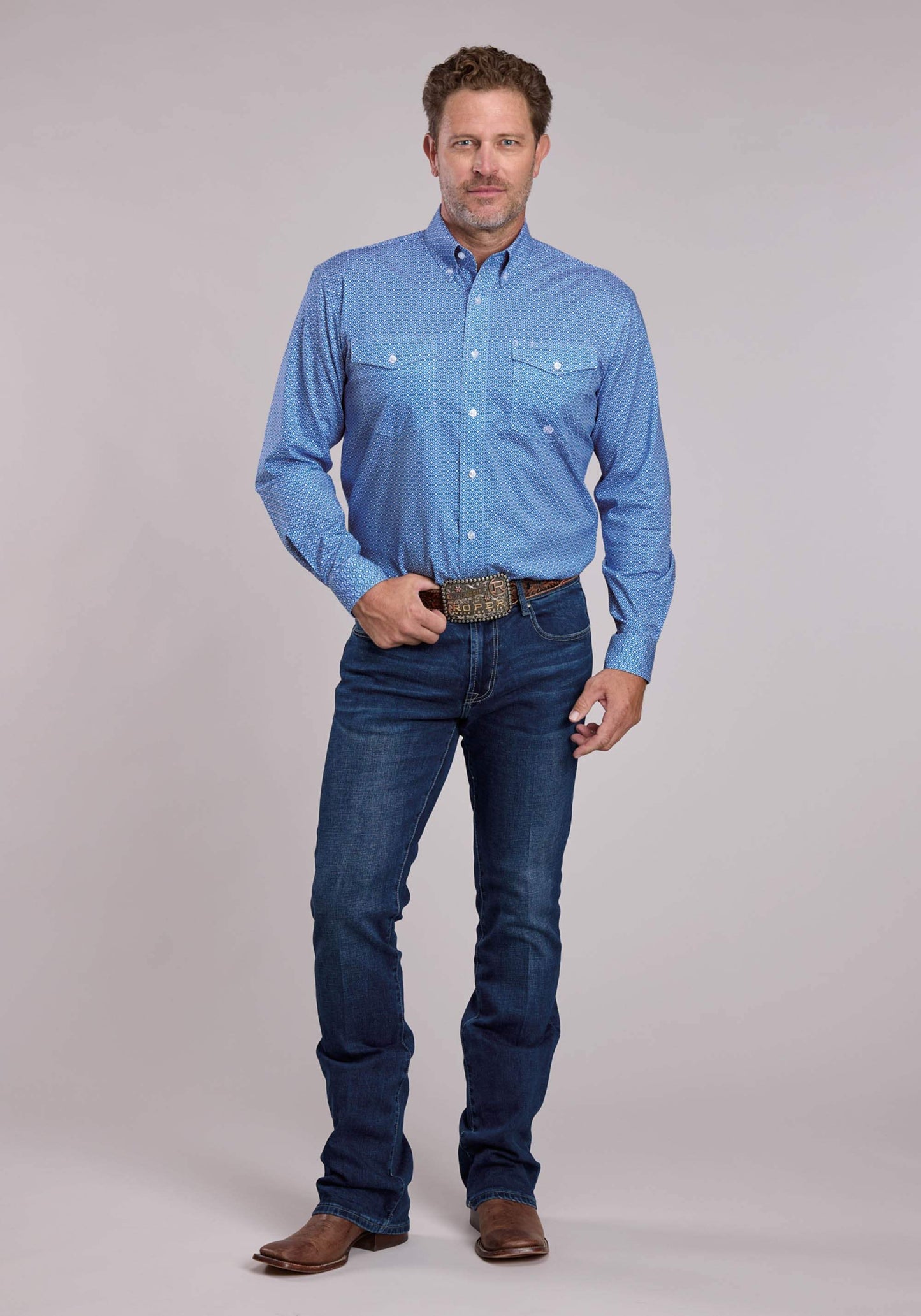 Mens Roper Blue Stretch Geo Print Long Sleeve Button Shirt - Roper - Flyclothing LLC