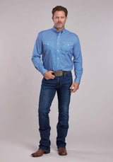 Mens Roper Blue Stretch Geo Print Long Sleeve Button Shirt - Roper - Flyclothing LLC