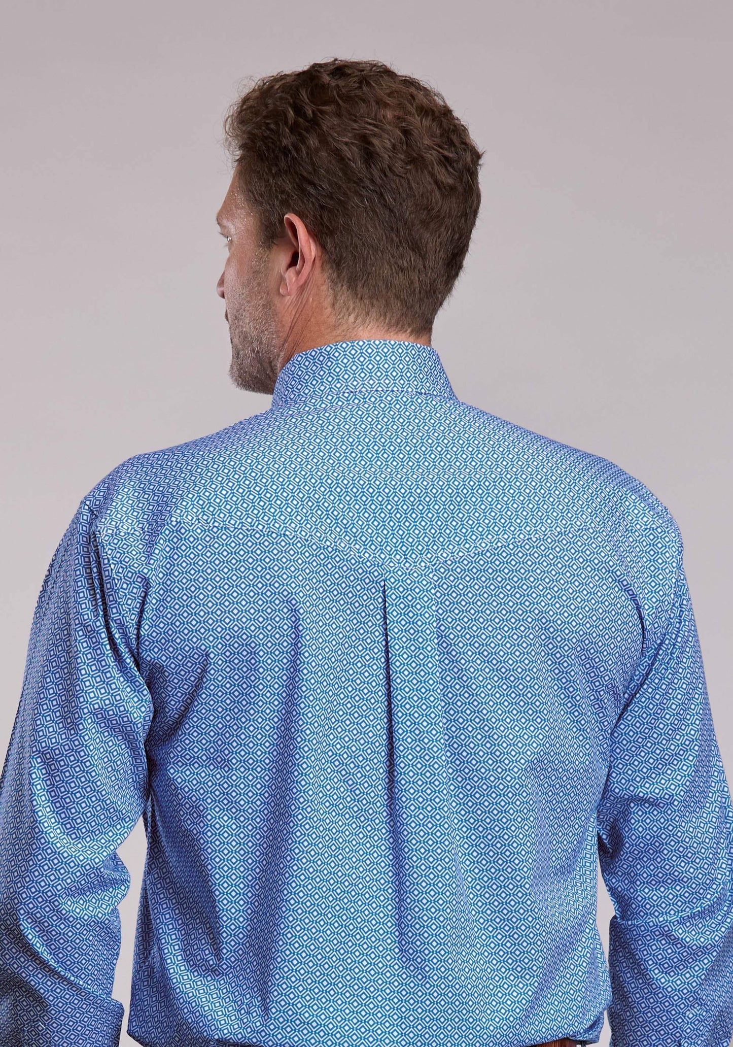 Mens Roper Blue Stretch Geo Print Long Sleeve Button Shirt - Roper - Flyclothing LLC