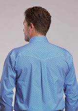 Mens Roper Blue Stretch Geo Print Long Sleeve Button Shirt - Roper - Flyclothing LLC
