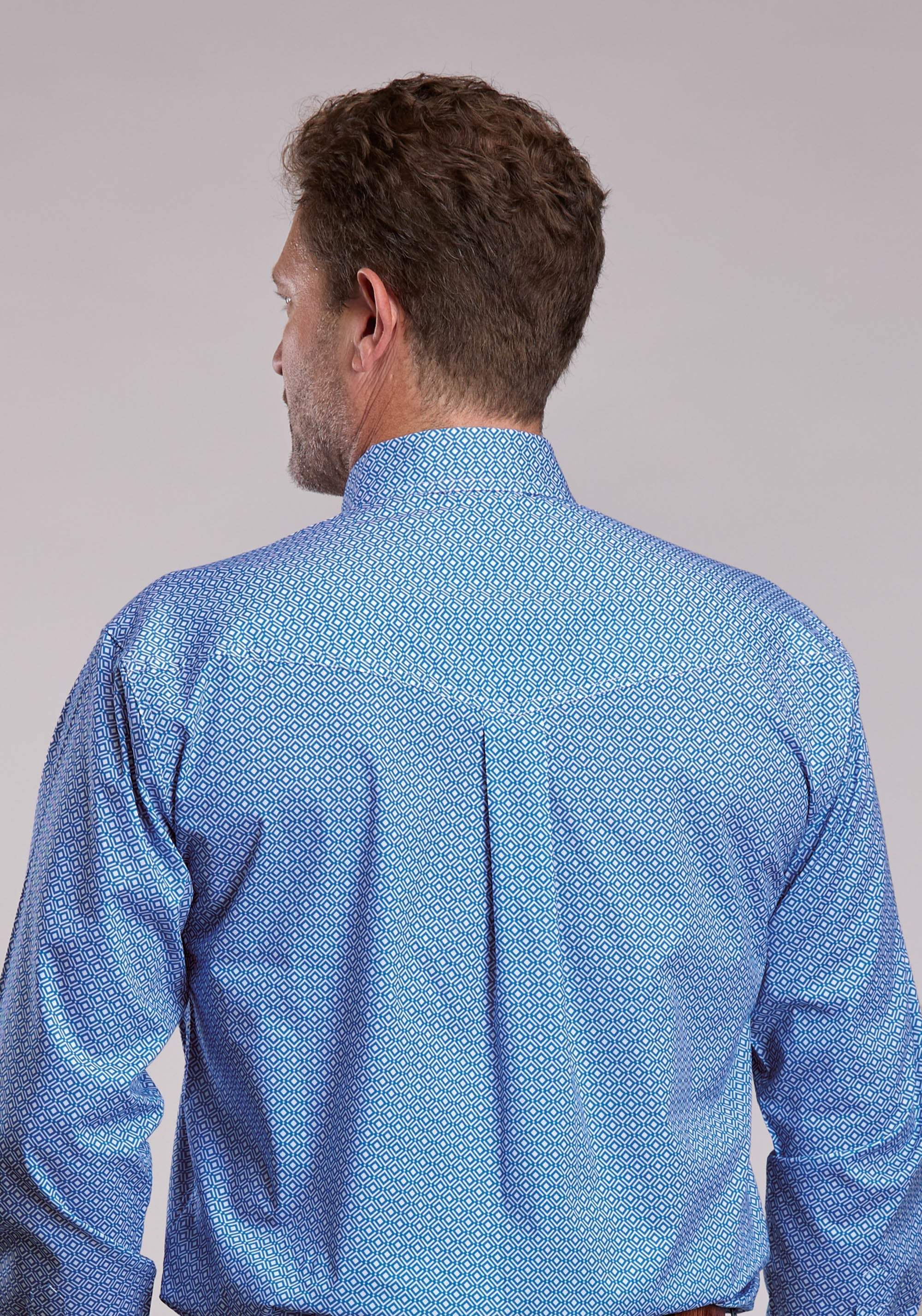 Mens Roper Blue Stretch Geo Print Long Sleeve Button Shirt - Roper - Flyclothing LLC