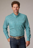 Roper Mens Long Sleeve Button Stretch Neat Teal Western Shirt - Roper