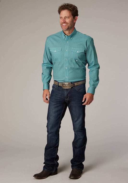 Roper Mens Long Sleeve Button Stretch Neat Teal Western Shirt - Roper - Flyclothing LLC