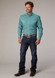 Roper Mens Long Sleeve Button Stretch Neat Teal Western Shirt - Roper