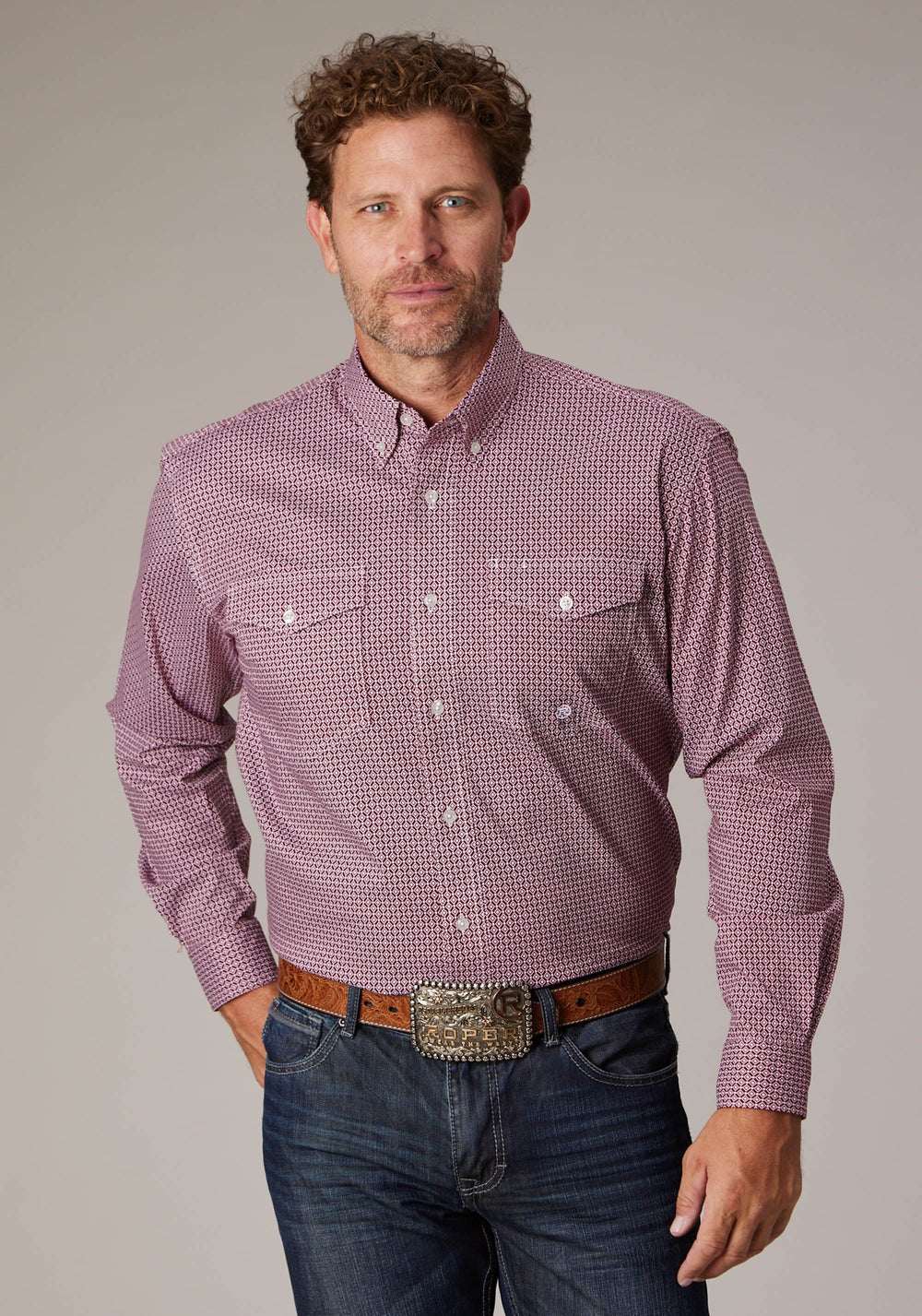 Roper Mens Long Sleeve Button Stretch Neat Red Western Shirt - Roper
